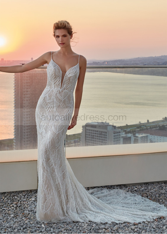 Heavily Beaded Lace Sexy Wedding Dress With Long Train